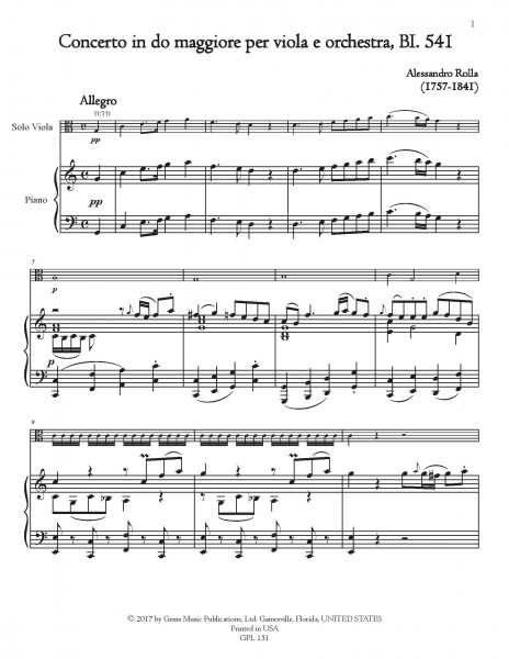 Concerto in do maggiore, BI. 541 Viola e Orchestra (viola/piano reduction)