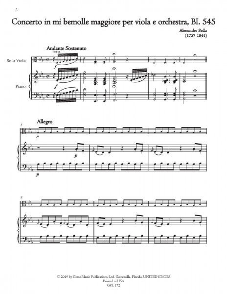 Concerto in mi bemolle maggiore, BI. 545 Viola e Orchestra (viola/piano reduction)