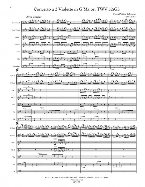 Concerto in G major, TWV 52:G3 for 2 Solo Violette, 2 Violini, Viola et Basse (score/parts)