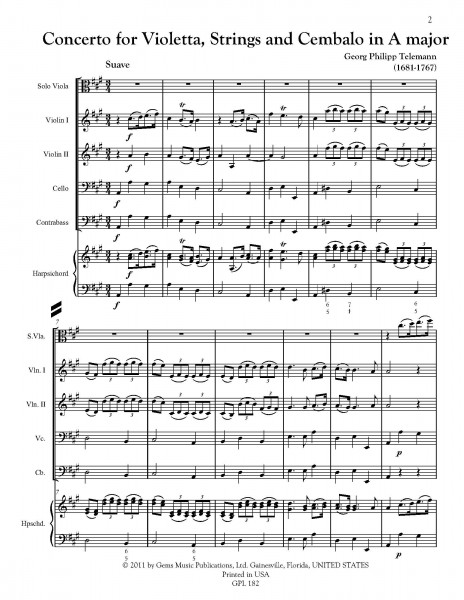 Concerto in A major, TWV 51:A5 for Solo Violetta, 2 Violini, Cello & Cembalo (score/parts)