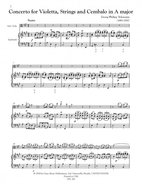 Concerto in A major, TWV 51:A5 for Solo Violetta, 2 Violini, Cello & Cembalo (viola/piano reduction)