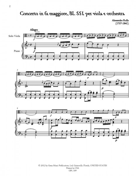 Concerto in fa maggiore, BI. 551 Viola e Orchestra (viola/piano reductions)