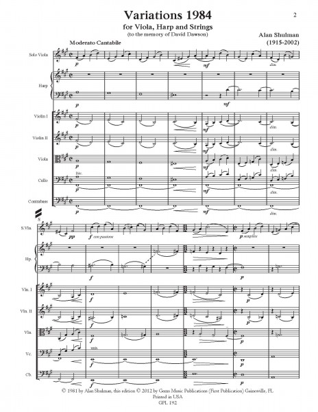 Variations 1984 for Solo Viola, Harp and Strings (score/parts)