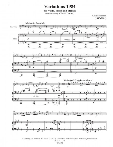 Variations 1984 for Solo Viola, Harp and Strings (viola/piano reduction)