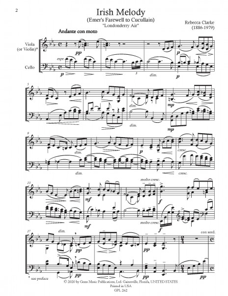 Irish Melody for Viola (or Violin) and Cello (1918) (Emer\'s Farewell to Cucullain) \"Londonderry Air\"